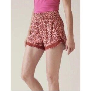 Athleta Mesh Racer Run High Rise Short SMALL Pink/maroon Clouded Leopard Orchard